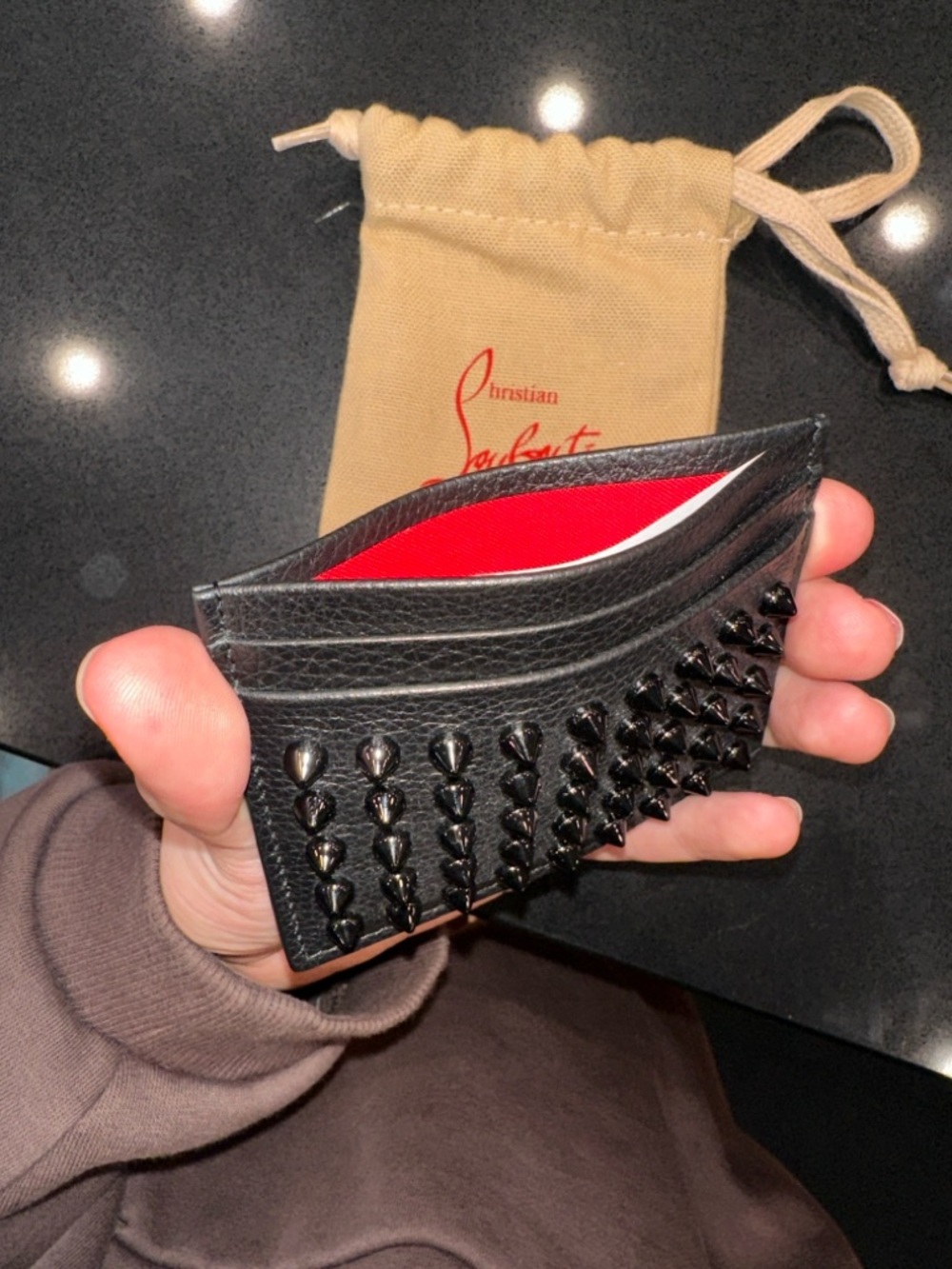 Christian Louboutin Black Leather Spike Card Holder with Red Lining
